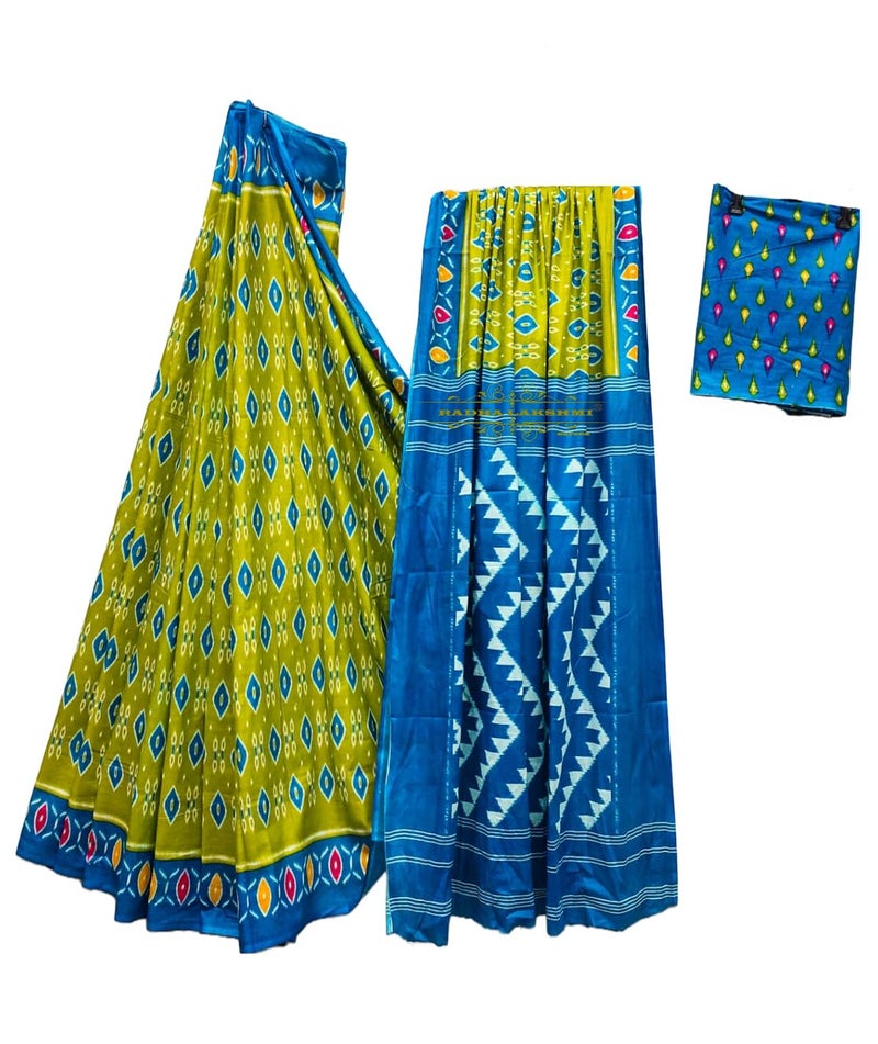 RADHA LAKSHMI Handicrafts Women's Ikat Hand Block Print Pure Soft Cotton Mulmul Saree White Multi Colour with Blouse Piece (ikkat spec pista blue) - Image 4