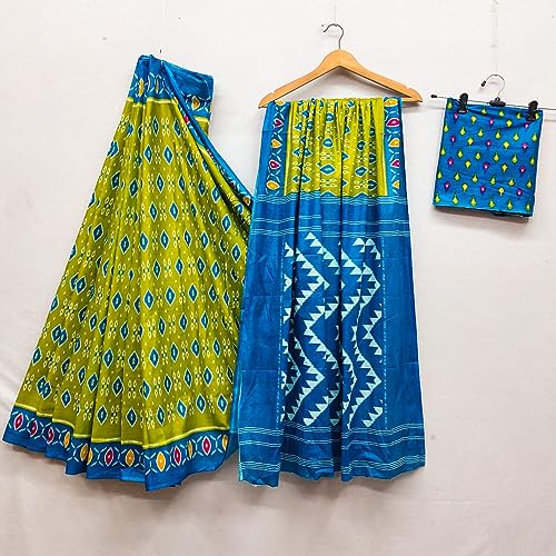 RADHA LAKSHMI Handicrafts Women's Ikat Hand Block Print Pure Soft Cotton Mulmul Saree White Multi Colour with Blouse Piece (ikkat spec pista blue) - Image 2