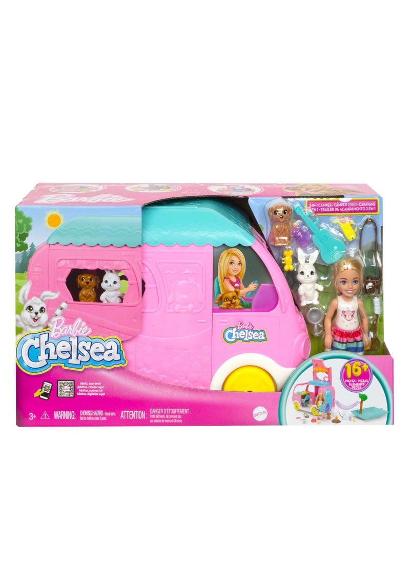 Barbie Chelsea 2-In-1 Camper Playset With Chelsea Small Doll, 2 Pets And 15 Accessories  - Image 1
