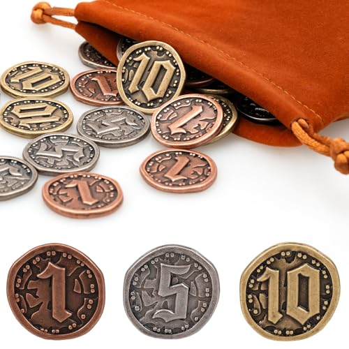 v2croft 30 PCS Metal Coins for Board Games Gold Silver Tokens with Face Value 1 5 10 for Tabletop RPG Treasure Coins for Pirate Game Party Cosplay - Image 1
