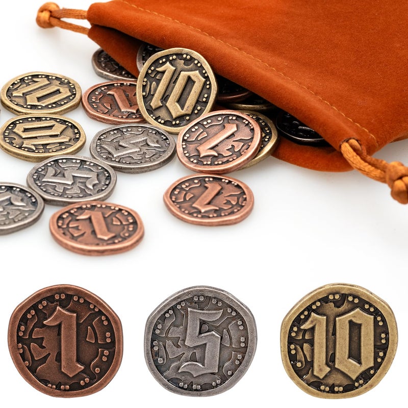 v2croft 30 PCS Metal Coins for Board Games Gold Silver Tokens with Face Value 1 5 10 for Tabletop RPG Treasure Coins for Pirate Game Party Cosplay - Image 3