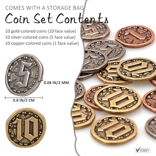 v2croft 30 PCS Metal Coins for Board Games Gold Silver Tokens with Face Value 1 5 10 for Tabletop RPG Treasure Coins for Pirate Game Party Cosplay - Image 5