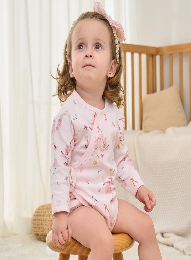 BINIDUCKLING Kimono Style Baby Wrap Over Long Sleeve Bodysuit with Hook and Loop Closure Dancing Swan 12 Months - Image 2