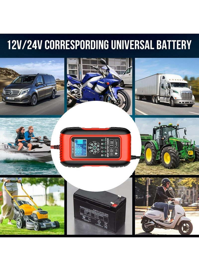شاحن بطارية السيارة 10 أمبير 12 فولت/5 أمبير 24 فولت | جهاز صيانة شاحن بطارية السيارة الذكي المحمول | شاحن إصلاح النبض للسيارة والشاحنة وجزازة العشب والدراجات النارية والقوارب - Image 2
