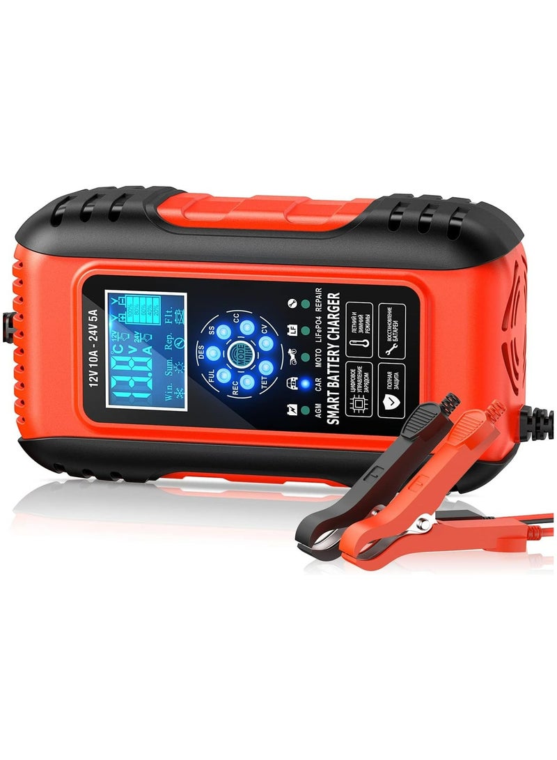 شاحن بطارية السيارة 10 أمبير 12 فولت/5 أمبير 24 فولت | جهاز صيانة شاحن بطارية السيارة الذكي المحمول | شاحن إصلاح النبض للسيارة والشاحنة وجزازة العشب والدراجات النارية والقوارب - Image 1