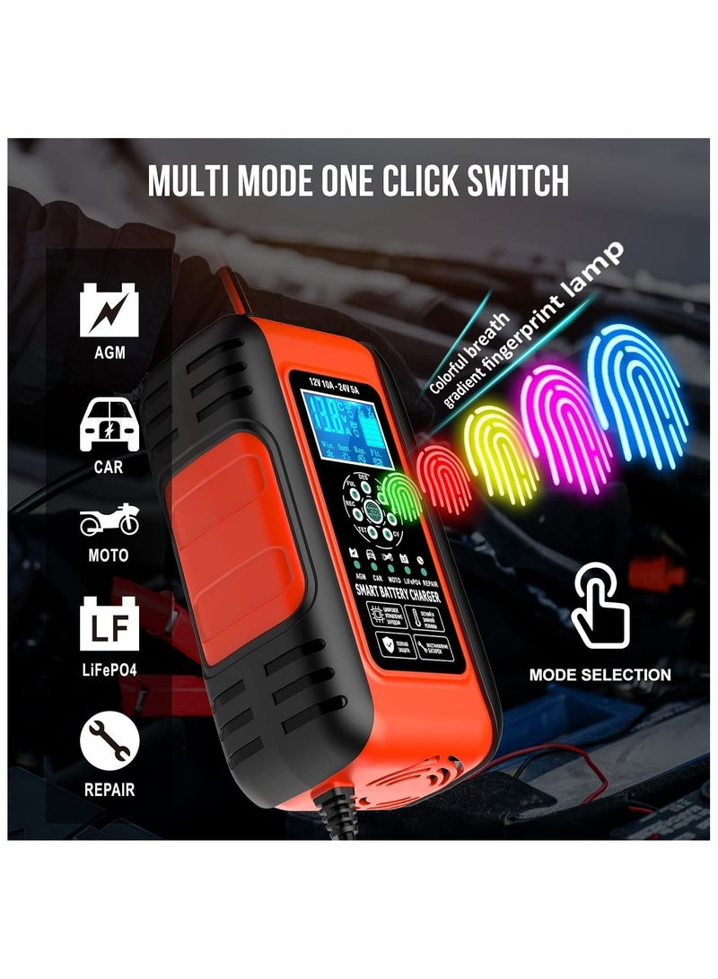 شاحن بطارية السيارة 10 أمبير 12 فولت/5 أمبير 24 فولت | جهاز صيانة شاحن بطارية السيارة الذكي المحمول | شاحن إصلاح النبض للسيارة والشاحنة وجزازة العشب والدراجات النارية والقوارب - Image 3