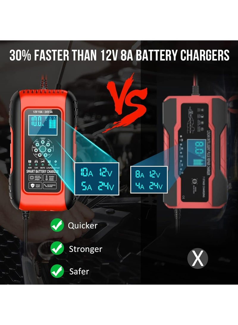 شاحن بطارية السيارة 10 أمبير 12 فولت/5 أمبير 24 فولت | جهاز صيانة شاحن بطارية السيارة الذكي المحمول | شاحن إصلاح النبض للسيارة والشاحنة وجزازة العشب والدراجات النارية والقوارب - Image 4