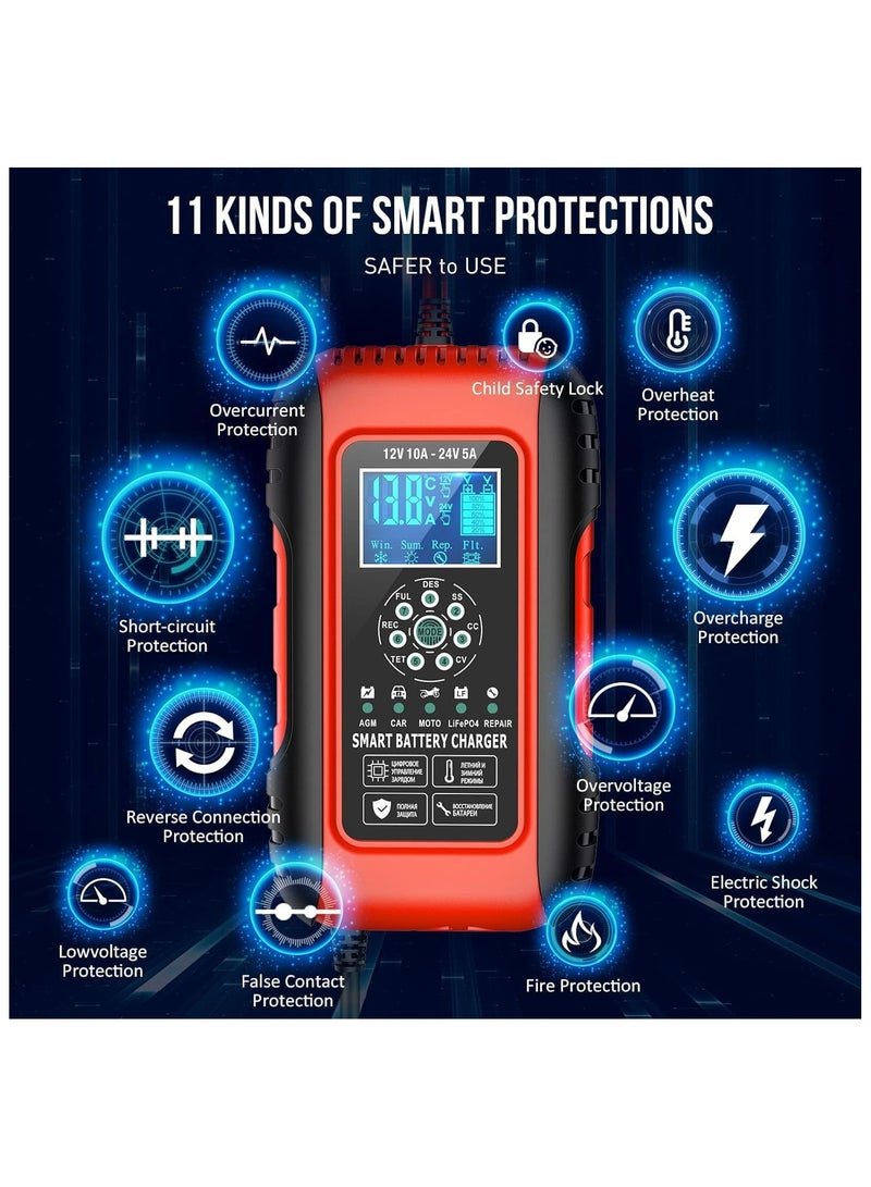 شاحن بطارية السيارة 10 أمبير 12 فولت/5 أمبير 24 فولت | جهاز صيانة شاحن بطارية السيارة الذكي المحمول | شاحن إصلاح النبض للسيارة والشاحنة وجزازة العشب والدراجات النارية والقوارب - Image 5