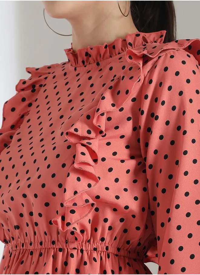 كوتي Polka Dot Print Layered Fit and Flare Knee Length Dress