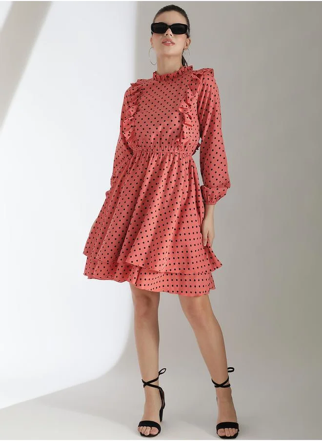 Kotty Polka Dot Print Layered Fit and Flare Knee Length Dress