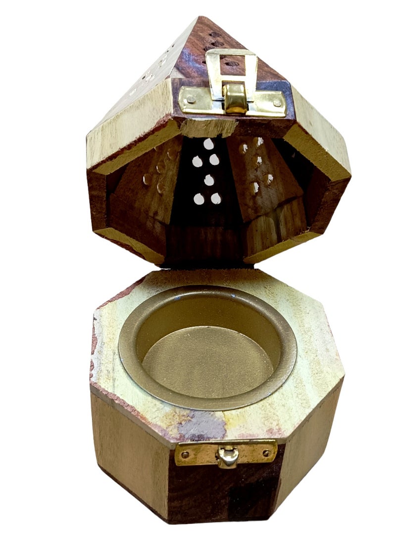 SAQOWARE Hexa Round Wooden Incense Bakhoor Burner | Madkhan,Mabkhara,Wooden Bakhoor Burner Multicolour - Image 3