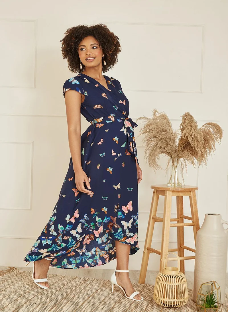 يامي Yumi Navy Butterfly Print Dip Hem Midi Wrap Dress