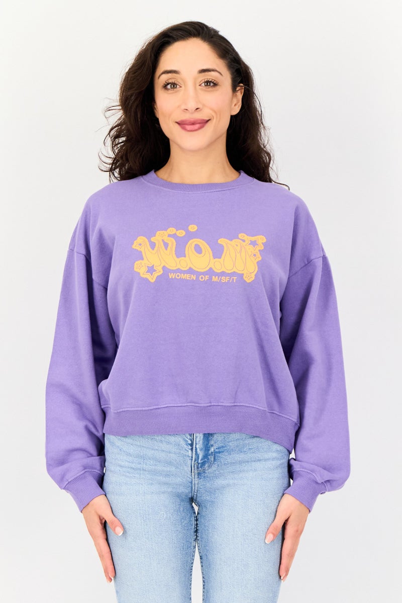 Misfit Women Ribbed Collar Graphic Print Long Sleeve Sweatshirt, Purple - Image 1