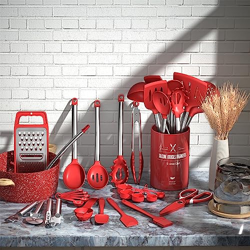 Umite Chef Kitchen Utensils Set- Umite Chef 34 PCs Cooking Utensils with Grater, Spoon Spatula, Heat Resistant Food Grade Silicone, Stainless Steel Handles Kitchen Gadgets Tools Set for Nonstick Cookware(Red) - Image 2