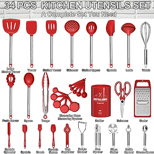 Umite Chef Kitchen Utensils Set- Umite Chef 34 PCs Cooking Utensils with Grater, Spoon Spatula, Heat Resistant Food Grade Silicone, Stainless Steel Handles Kitchen Gadgets Tools Set for Nonstick Cookware(Red) - Image 4