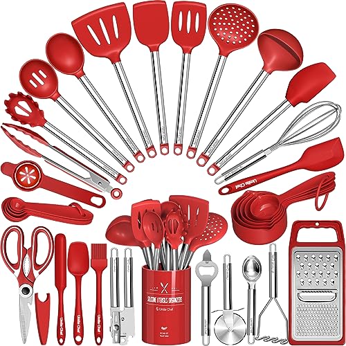 Umite Chef Kitchen Utensils Set- Umite Chef 34 PCs Cooking Utensils with Grater, Spoon Spatula, Heat Resistant Food Grade Silicone, Stainless Steel Handles Kitchen Gadgets Tools Set for Nonstick Cookware(Red) - Image 1