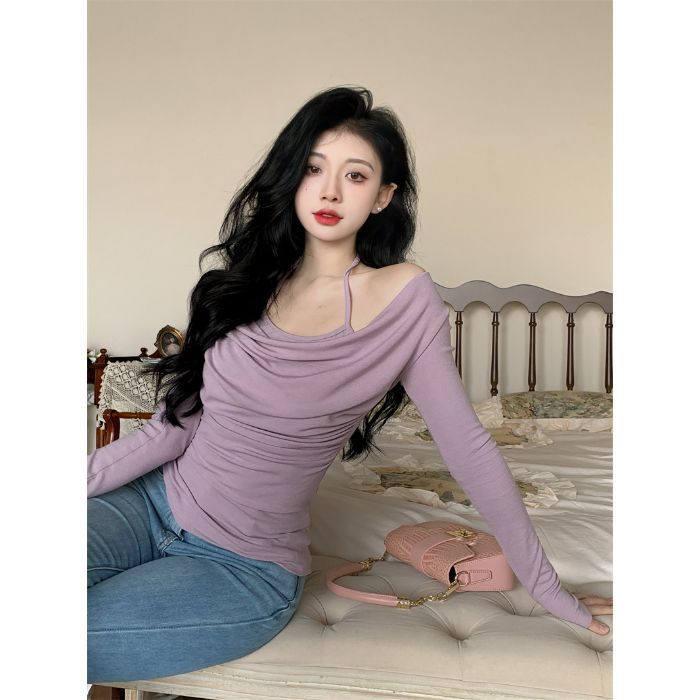 Pure Desire Style Hanging Neck Fake Two-Piece Long-Sleeved T-Shirt 2024 Early Autumn Spice Girls Slim-Fit Slimming Elegant All-Match Top - Image 1