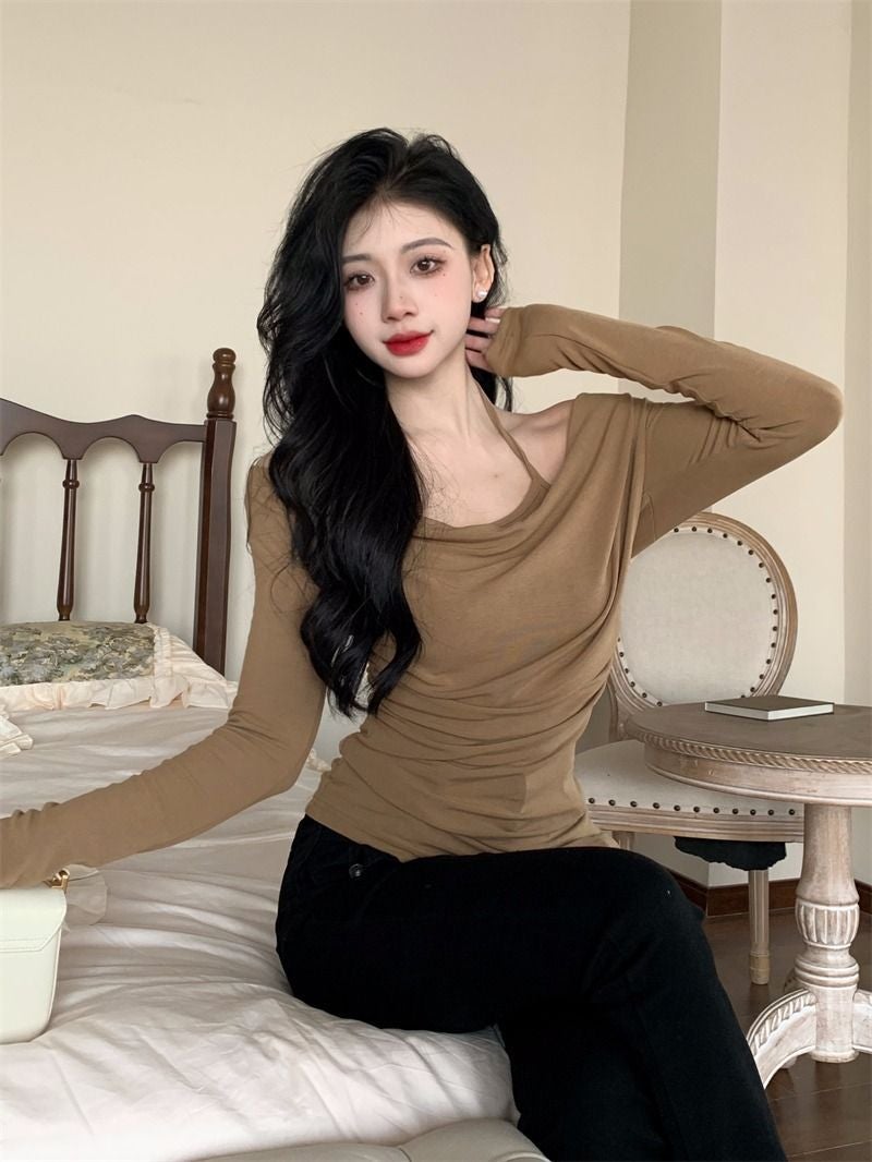 Pure Desire Style Hanging Neck Fake Two-Piece Long-Sleeved T-Shirt 2024 Early Autumn Spice Girls Slim-Fit Slimming Elegant All-Match Top - Image 3