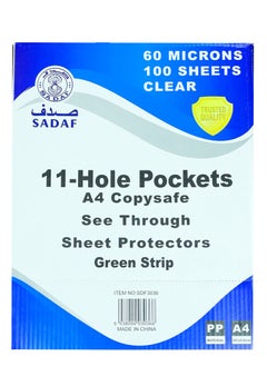 Sadaf Reinforced Punch Pocket White 20 Pcs A4 Clear Sheet Protectors 100 Sheets 60 Microns Top Loading Page Paper Protector File Pockets Sleeves for Documents Green Strip