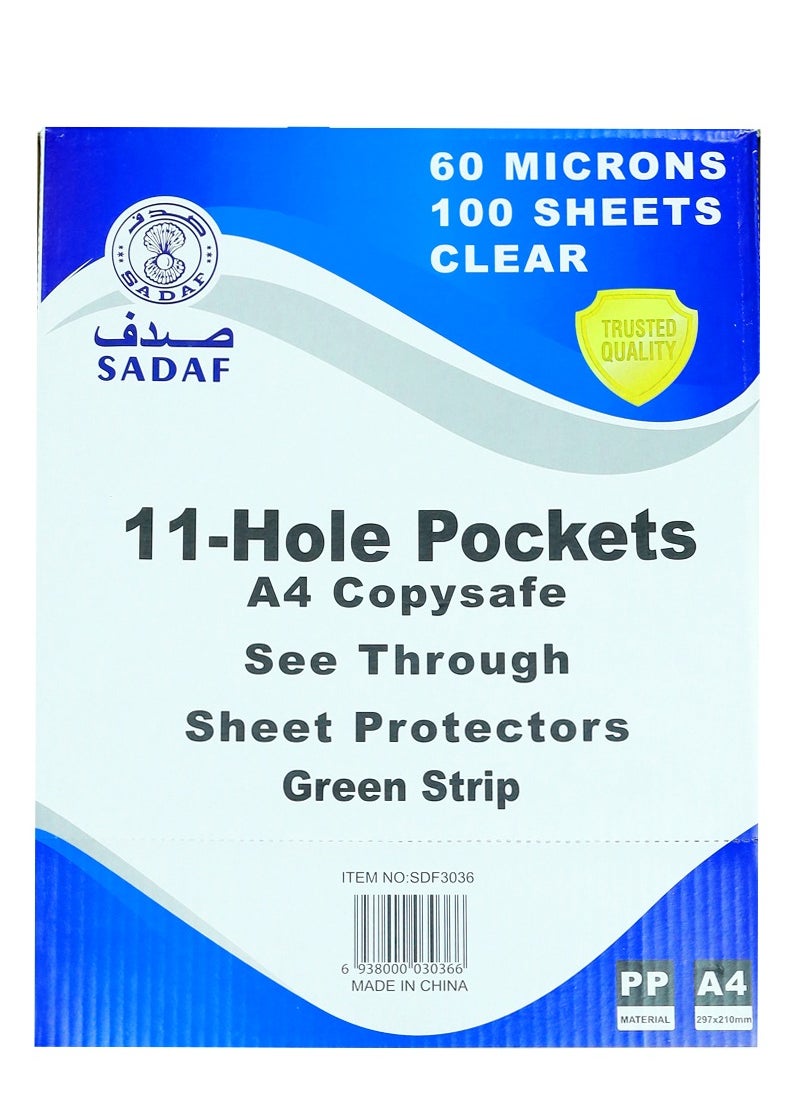 Sadaf - Sadaf Reinforced Punch Pocket White 20 Pcs A4 Clear Sheet Protectors 100 Sheets 60 Microns Top Loading Page Paper Protector File Pockets Sleeves for Documents Green Strip - Image 1