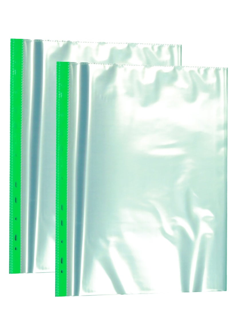 Sadaf - Sadaf Reinforced Punch Pocket White 20 Pcs A4 Clear Sheet Protectors 100 Sheets 60 Microns Top Loading Page Paper Protector File Pockets Sleeves for Documents Green Strip - Image 1