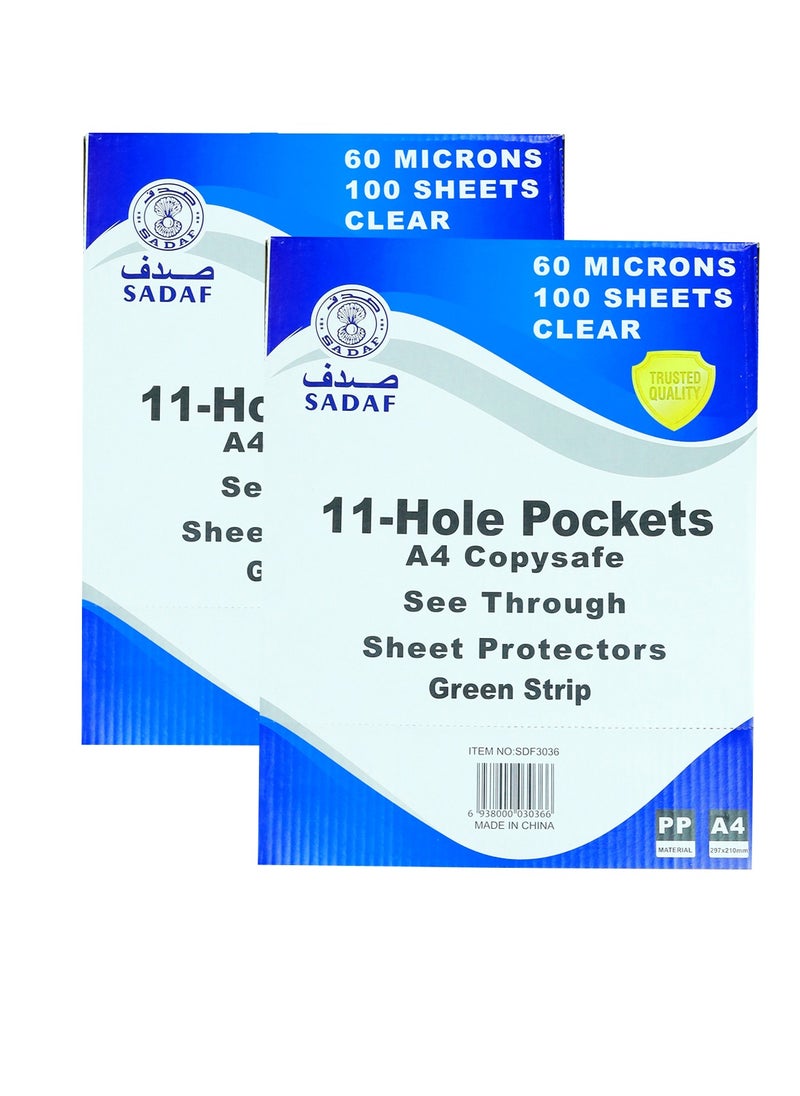 Sadaf - Sadaf Reinforced Punch Pocket White 20 Pcs A4 Clear Sheet Protectors 100 Sheets 60 Microns Top Loading Page Paper Protector File Pockets Sleeves for Documents Green Strip - Image 1