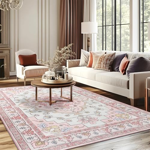 MOSISO 4x6 Area Rug for Living Room Washable Area Rug NonSlip Vintage National Area Rugs Low Pile Carpet Faux Wool Rectangular Area Rugs Carpet for Living Room Bedroom Dining Room Home Pink - Image 3