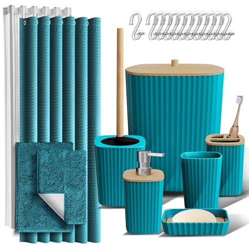 Clara Clark Bathroom Accessories Set  Bathroom Set Bathroom Sets with Shower Curtain and Rugs Shower Curtain Set with Bathroom Trash Can  Teal  22PC