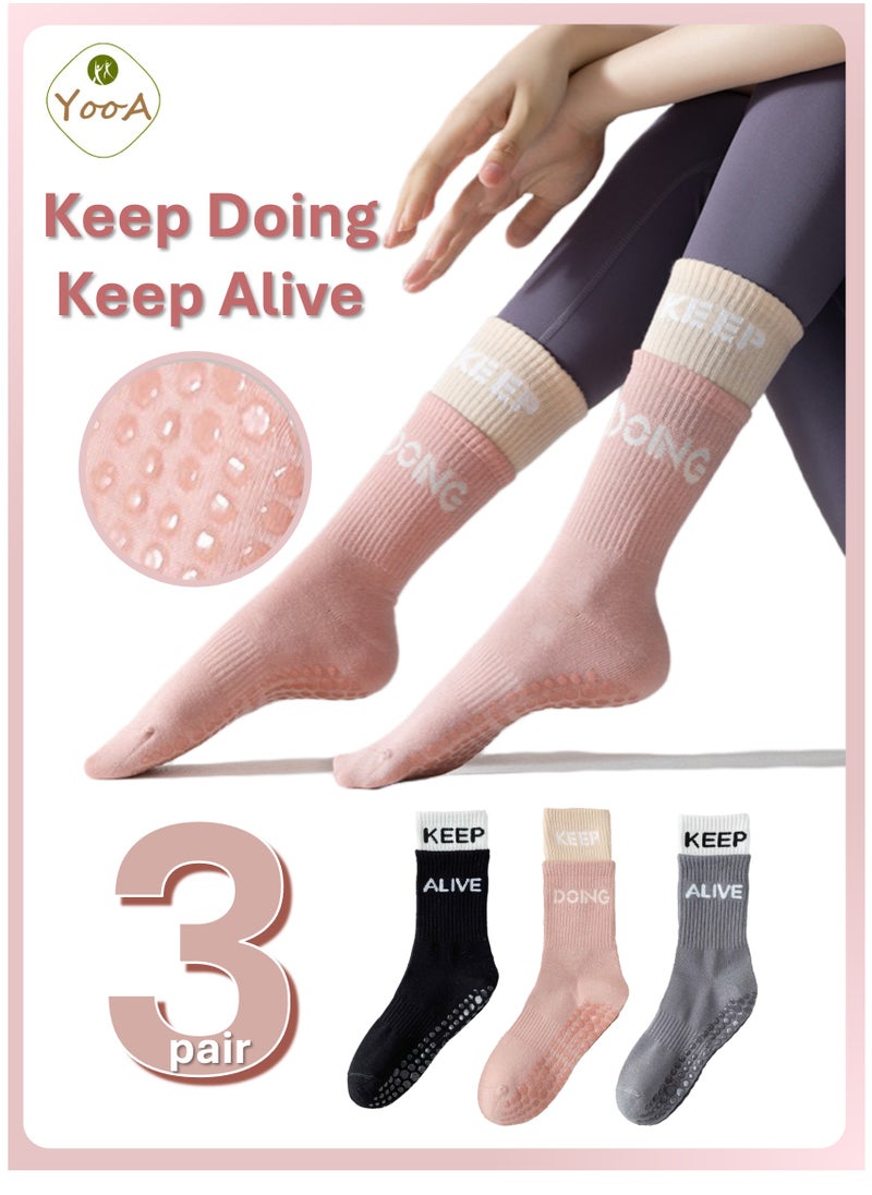 YooA 3-Pair Non-slip Yoga Socks, Cotton Pilates Socks with 3D Silicone Particles, Breathable&Moisture-wicking&Machine-washable, Ideal for Yoga/Pilates/Ballet/Dance/Workout (Pink+Black+Grey, Fit Size 36-42)  - Image 1