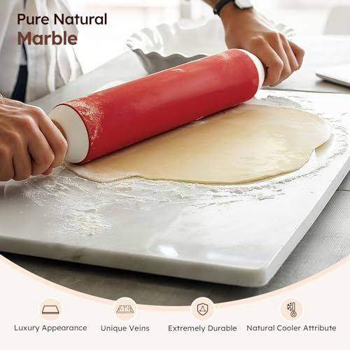 Diflart Natural Marble Stone Cutting Board for Kitchen, 16x20inch, Carrara White, Marble Slab with Non Slip Feets for Pastry, Cheese, Charcuterie, Baking, Rolling Dough, Chocolate Tempering - Image 2