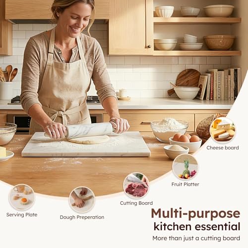 Diflart Natural Marble Stone Cutting Board for Kitchen, 16x20inch, Carrara White, Marble Slab with Non Slip Feets for Pastry, Cheese, Charcuterie, Baking, Rolling Dough, Chocolate Tempering - Image 5