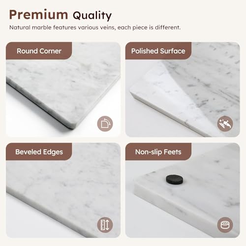 Diflart Natural Marble Stone Cutting Board for Kitchen, 16x20inch, Carrara White, Marble Slab with Non Slip Feets for Pastry, Cheese, Charcuterie, Baking, Rolling Dough, Chocolate Tempering - Image 4