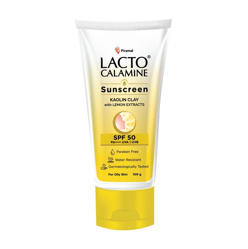 Lacto Calamine واقي شمس لاكتو كالمين SPF 50 100 جرام PA واقي شمس للبشرة الدهنية UVA UVB مقاوم للماء بدون أثر أبيض مع طين الكاولين فيتامين E مستخلصات الليمون خالي من البارابين 100 جرام - Image 1