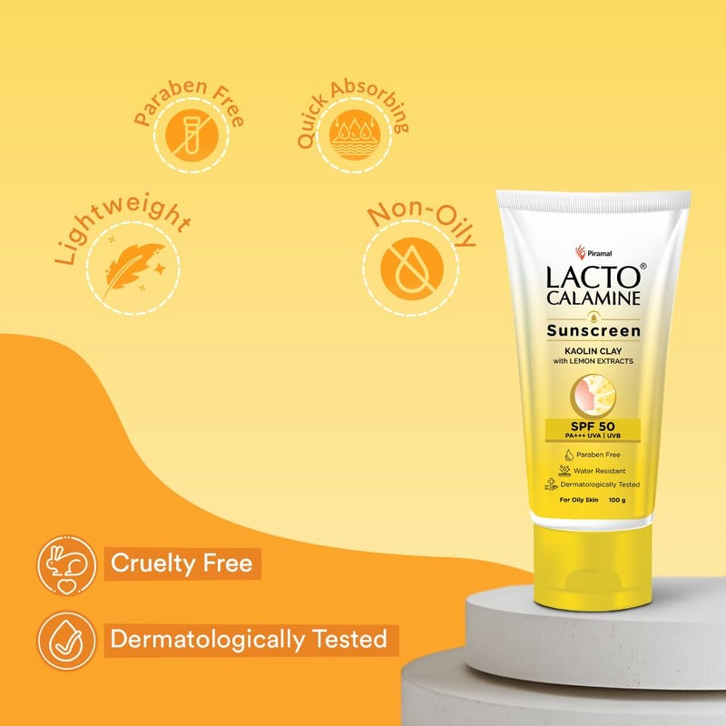 Lacto Calamine واقي شمس لاكتو كالمين SPF 50 100 جرام PA واقي شمس للبشرة الدهنية UVA UVB مقاوم للماء بدون أثر أبيض مع طين الكاولين فيتامين E مستخلصات الليمون خالي من البارابين 100 جرام - Image 5