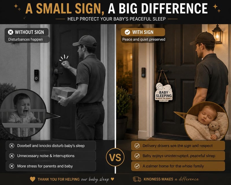 Al Raied ARS® Baby Sleeping Sign for Front Door - No Knock No Doorbell Wooden Door Hanger - Image 3