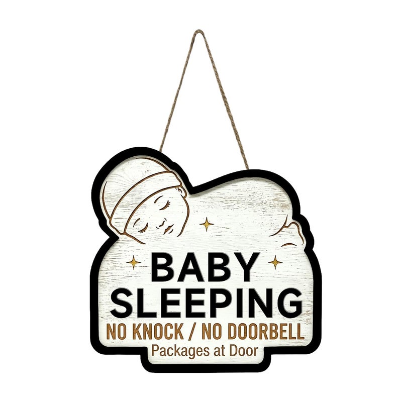Al Raied ARS® Baby Sleeping Sign for Front Door - No Knock No Doorbell Wooden Door Hanger - Image 1