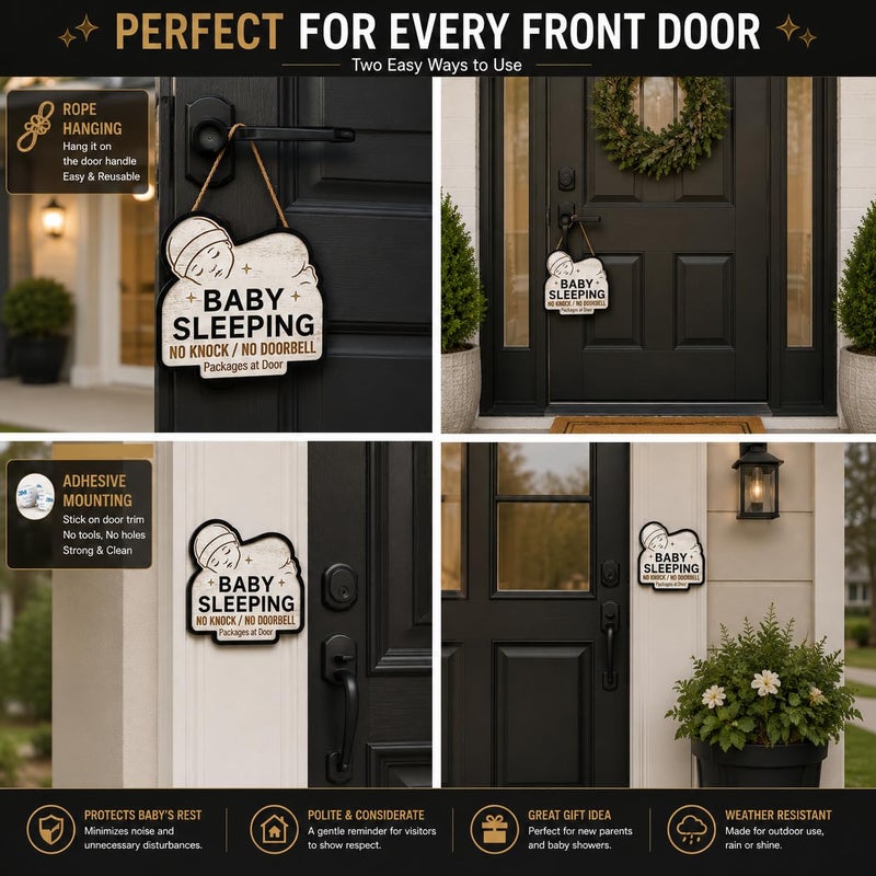 Al Raied ARS® Baby Sleeping Sign for Front Door - No Knock No Doorbell Wooden Door Hanger - Image 2