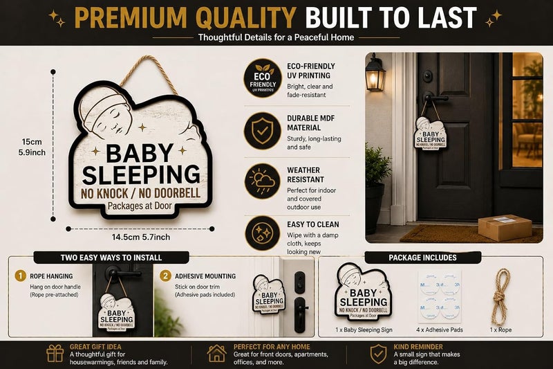 Al Raied ARS® Baby Sleeping Sign for Front Door - No Knock No Doorbell Wooden Door Hanger - Image 4