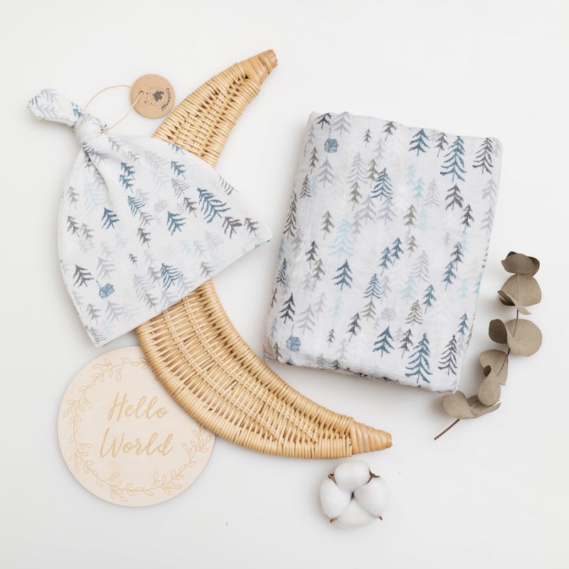 Miaoberry Forest Organic Muslin Swaddle Blankets for Baby Boy with Matching Hat and Wooden Hello World Newborn Sign Newborn Photography Props Birth Announcement Sign - Image 2