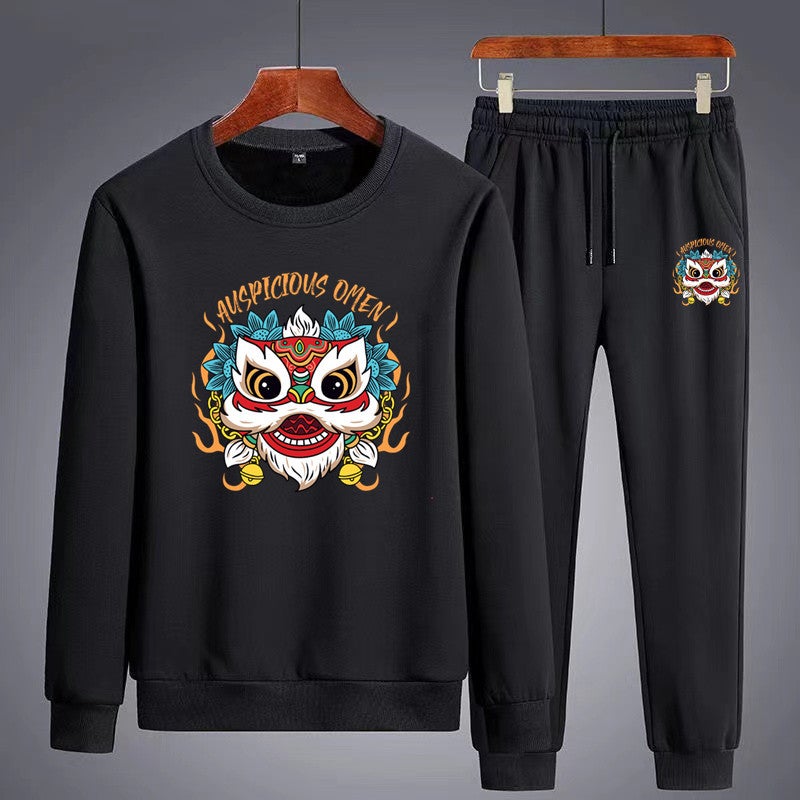 Mens Casual Sports Suit 2023 Autumn Long Sleeve Round Neck Sweatshirt Set Lion suit