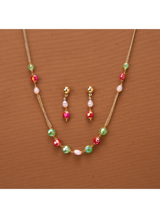 Pretty Precious Multicolor Beaded Necklace and Dangle Earring Set for Women | Elegant Multicolor Beaded Necklace and Dangle Earring Set | Sparkling Fashion Jewellery for Parties & Special Occasions - Image 3
