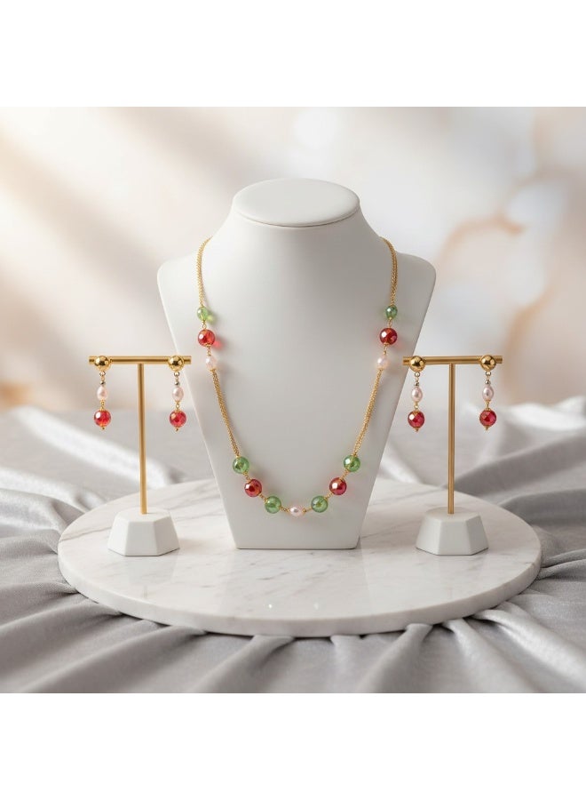 Pretty Precious Multicolor Beaded Necklace and Dangle Earring Set for Women | Elegant Multicolor Beaded Necklace and Dangle Earring Set | Sparkling Fashion Jewellery for Parties & Special Occasions - Image 4
