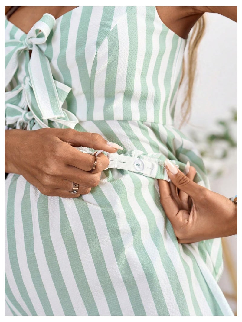 OYOANGLE Women's Maternity 2 Piece Outfits Striped Tie Front Ruffle Peplum Tank Top and Shorts Pregnancy Lounge Set Mint Green Medium - Image 4