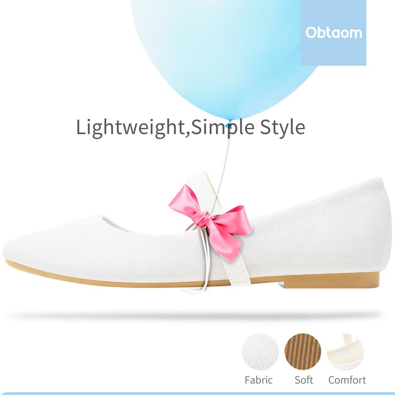 Obtaom Mary Jane Flat Shoes Round Toe Ballet Flats for Women Dressy Fabric Business Flats Comfortable Classic Strap Flats for Office(White,US8) - Image 3