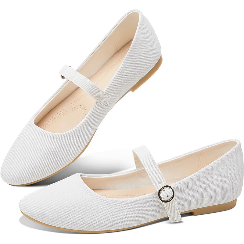 Obtaom Mary Jane Flat Shoes Round Toe Ballet Flats for Women Dressy Fabric Business Flats Comfortable Classic Strap Flats for Office(White,US8) - Image 1