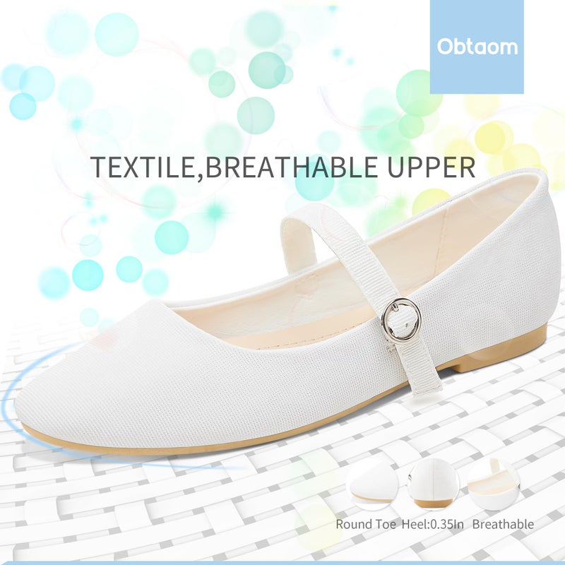 Obtaom Mary Jane Flat Shoes Round Toe Ballet Flats for Women Dressy Fabric Business Flats Comfortable Classic Strap Flats for Office(White,US8) - Image 4