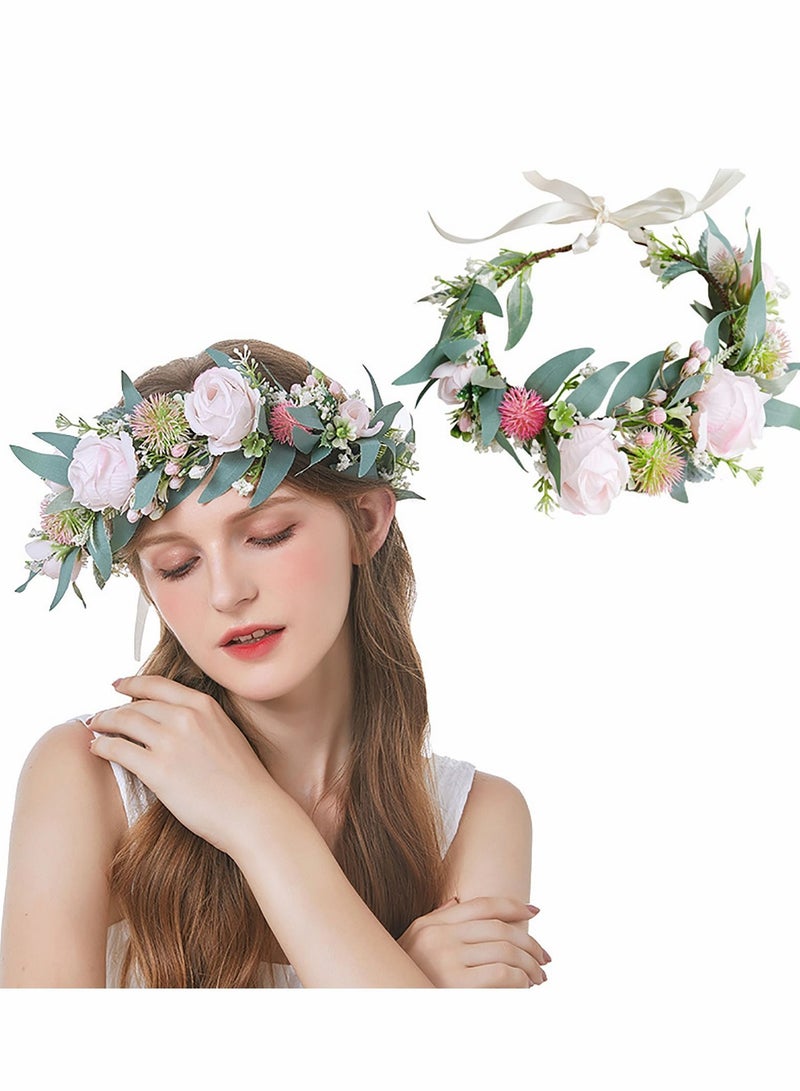 Loquat Women Flower Headband Boho Hair Wreath Floral Headpiece Halo with Ribbon Wedding Party Festival Photos Props - Image 1