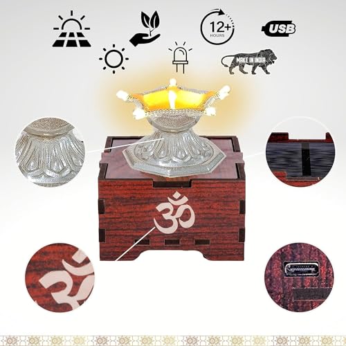 SolarBasket Akhand Solar Diya for Puja,Temple,Home Decoration 6 Bati(Vat) Battery Operated Light Silver Coated Gifting Diva for Pooja,LED Wicks Jyoti Aarti Niranjan/Deepak(Pack of 1) - Image 3
