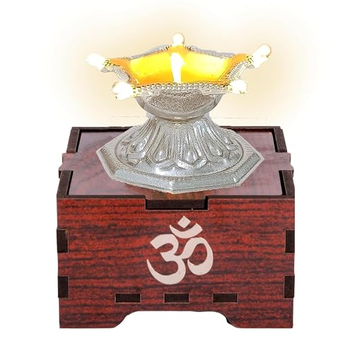 SolarBasket Akhand Solar Diya for Puja,Temple,Home Decoration 6 Bati(Vat) Battery Operated Light Silver Coated Gifting Diva for Pooja,LED Wicks Jyoti Aarti Niranjan/Deepak(Pack of 1) - Image 1