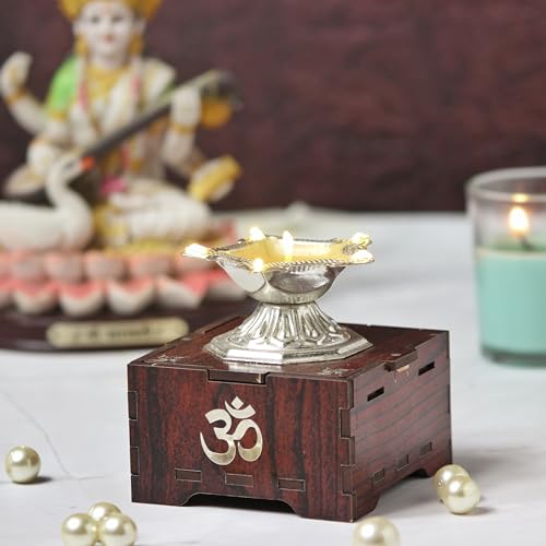 SolarBasket Akhand Solar Diya for Puja,Temple,Home Decoration 6 Bati(Vat) Battery Operated Light Silver Coated Gifting Diva for Pooja,LED Wicks Jyoti Aarti Niranjan/Deepak(Pack of 1) - Image 2